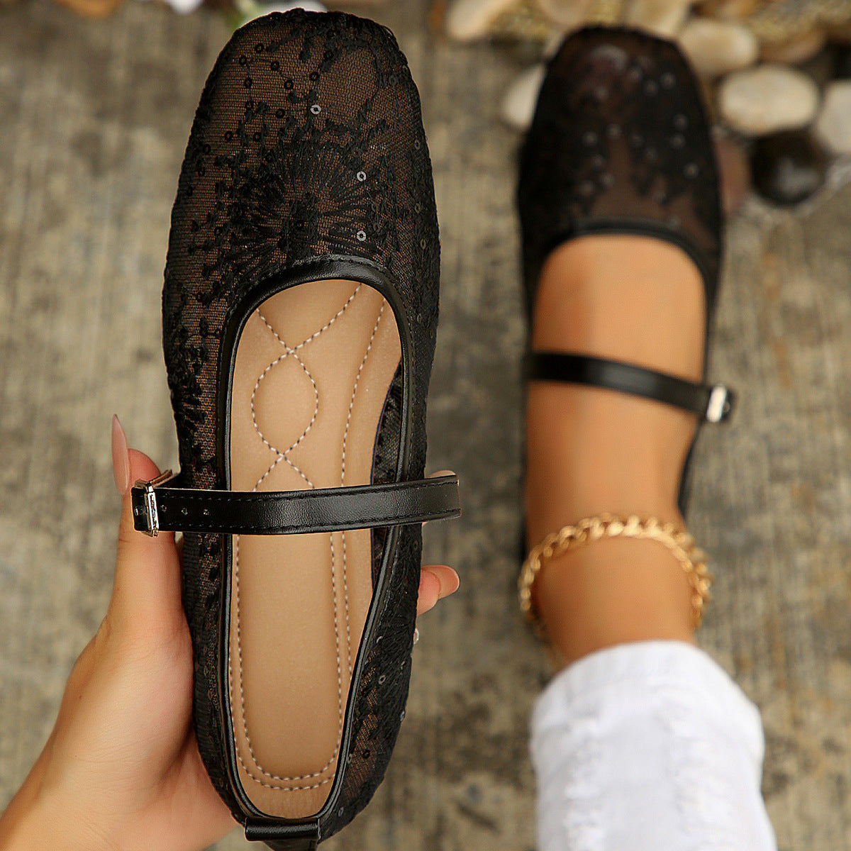 Mesh Mary Jane Belt Buckle Loafers