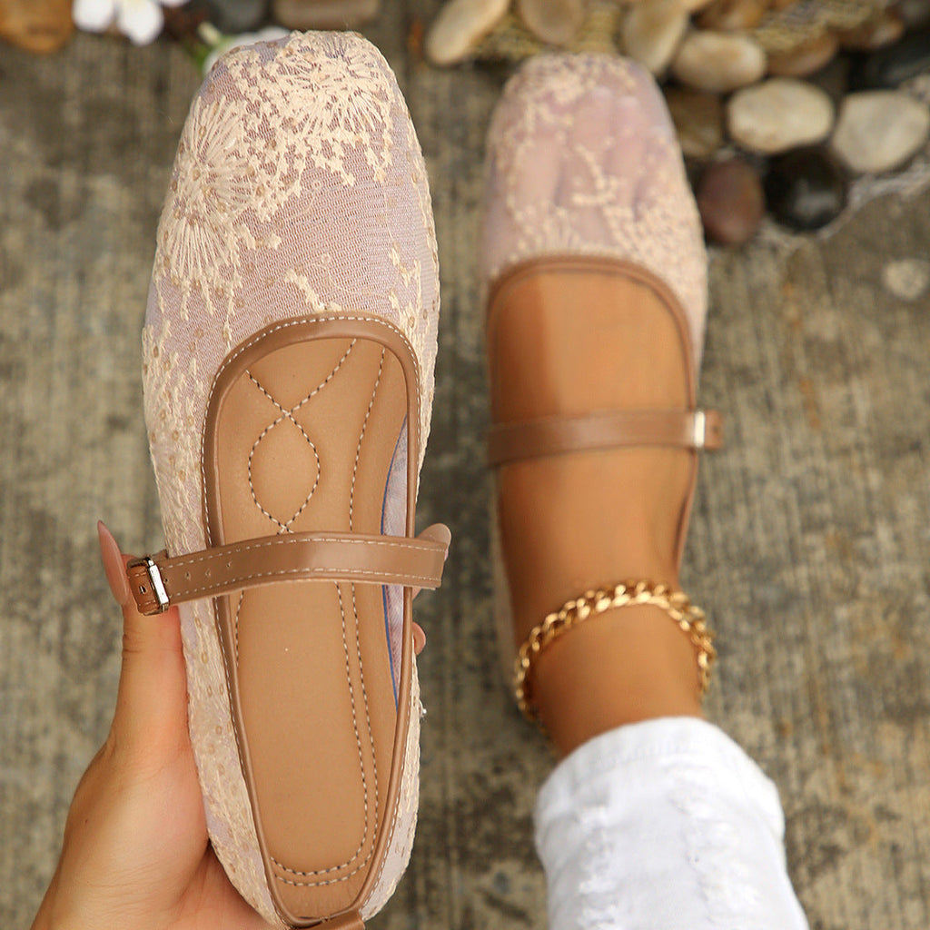 Mesh Mary Jane Belt Buckle Loafers